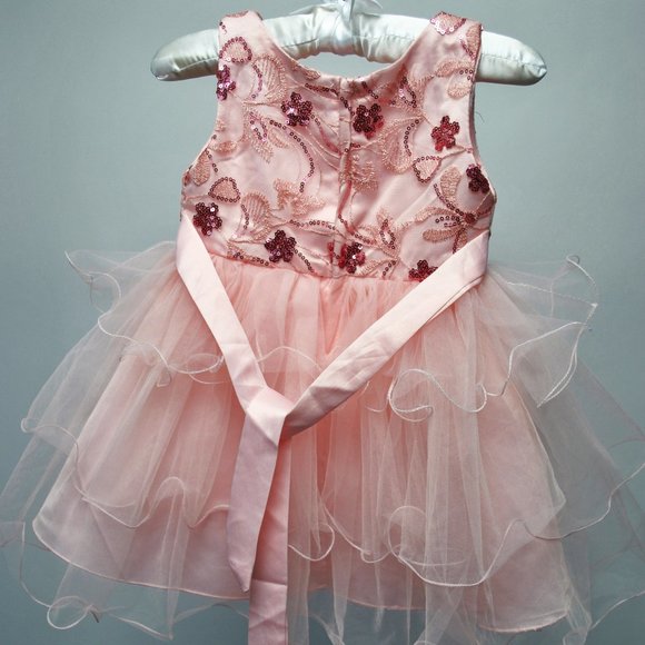 Girls Small Light Pink Tulle Tea Length Dress with Sequin Floral Print Bodice - Picture 2 of 3